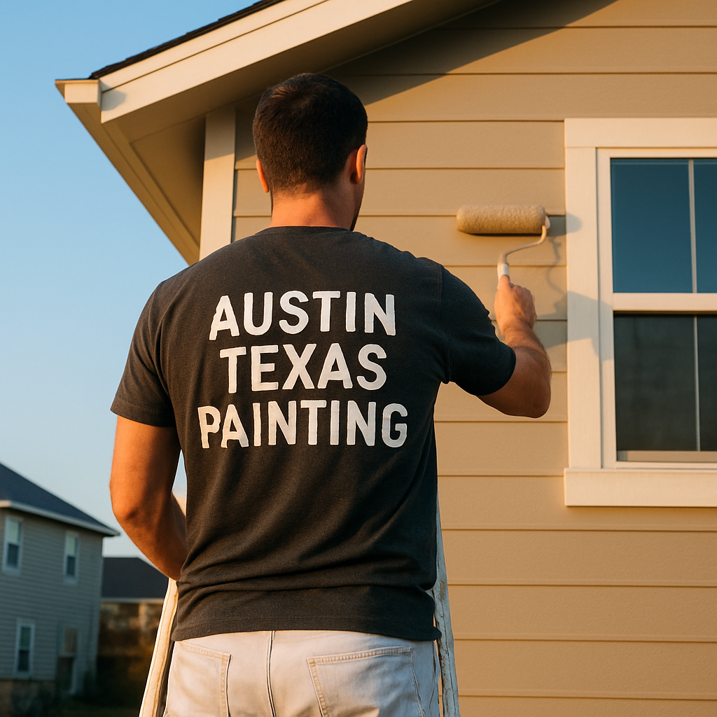 Professional painter in an Austin, Texas Painting shirt rolling fresh paint onto a home's exterior siding